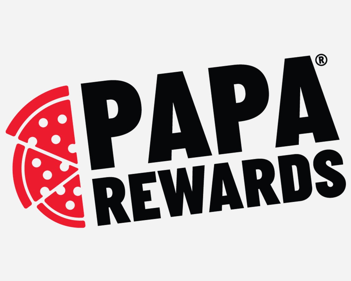 Black and red Papa Rewards logo with an icon of pizza slices