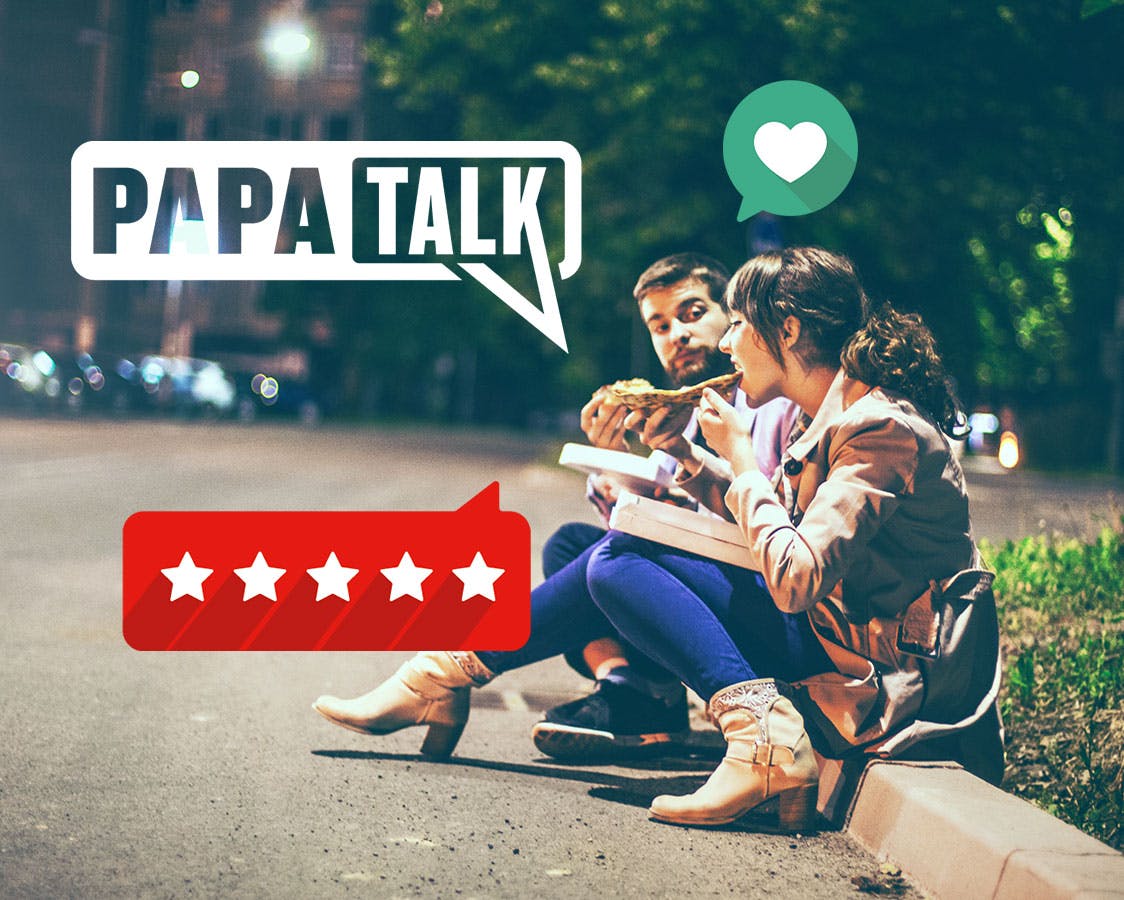 A couple eating pizza on a sidewalk with Papa Talk illustration
